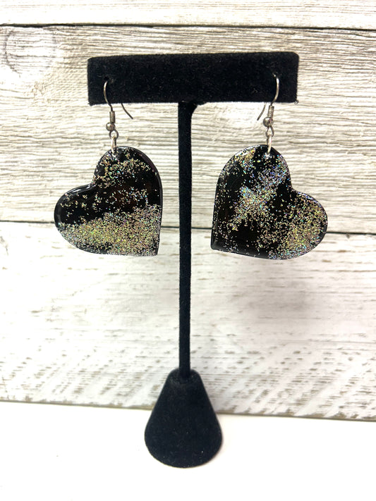 Clay Blk & Silver Glitter Heart Earrings