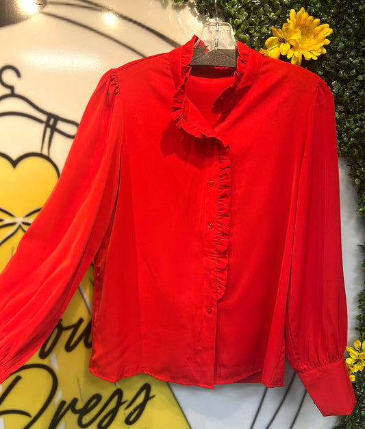 Red Frilled Trim Button Up Top
