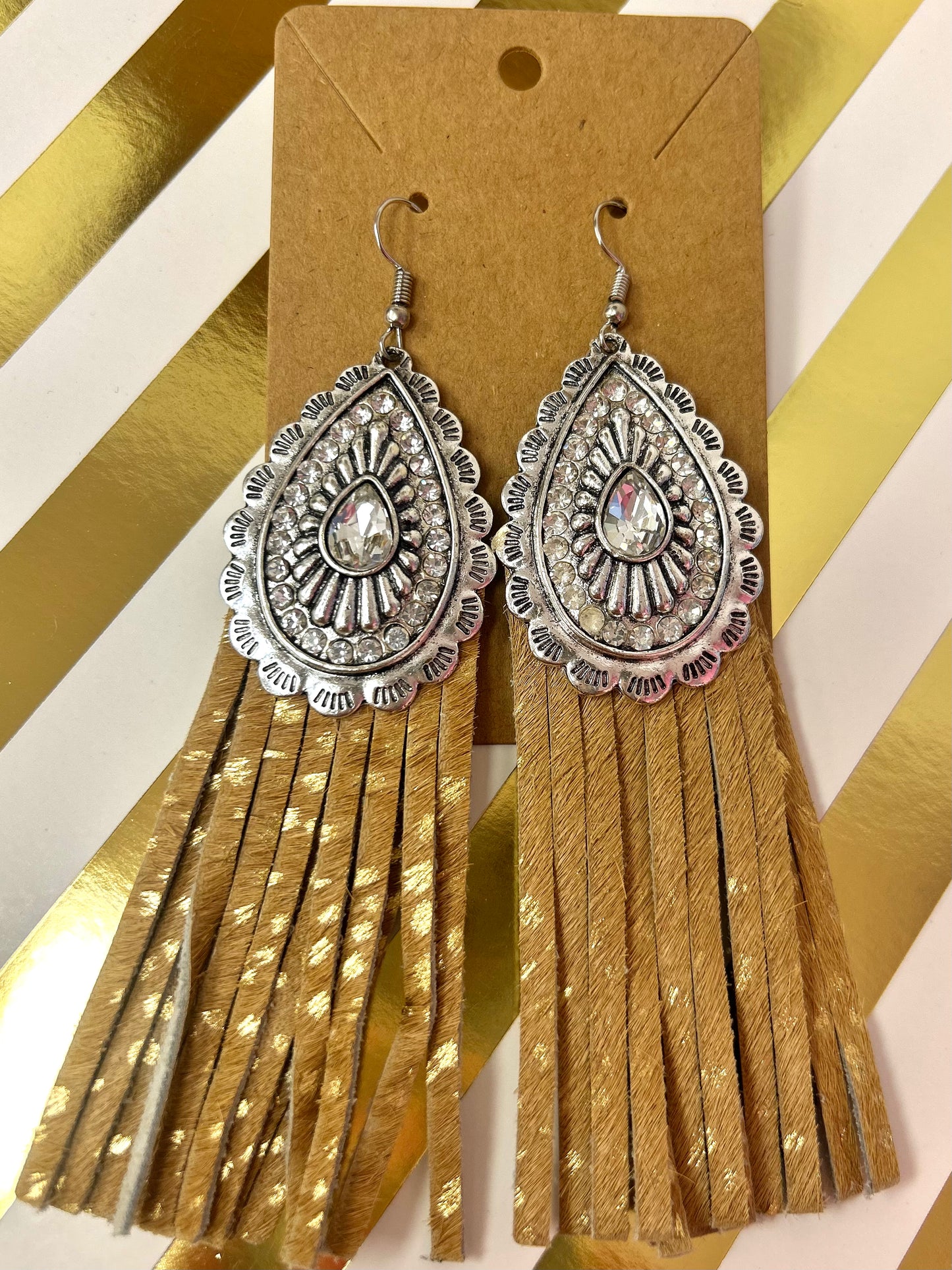 Concho & Cowhide Fringe Earrings