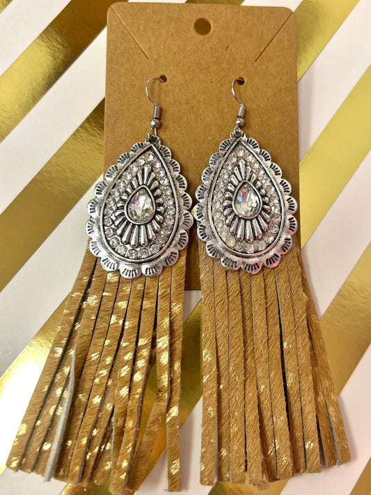 Concho & Cowhide Fringe Earrings