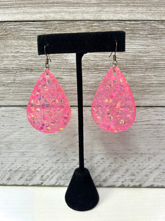 Hot Pink Teardrop Glitter Resin Earrings