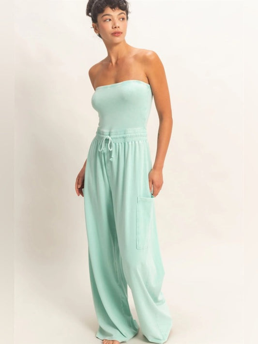 Mineral Wash Strapless Wide-Leg Jumpsuit
