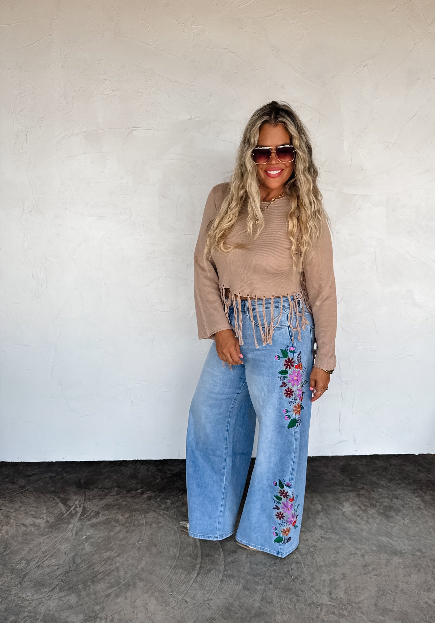 Floral Embroidered Wide Leg Jeans