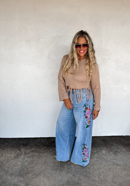 Floral Embroidered Wide Leg Jeans