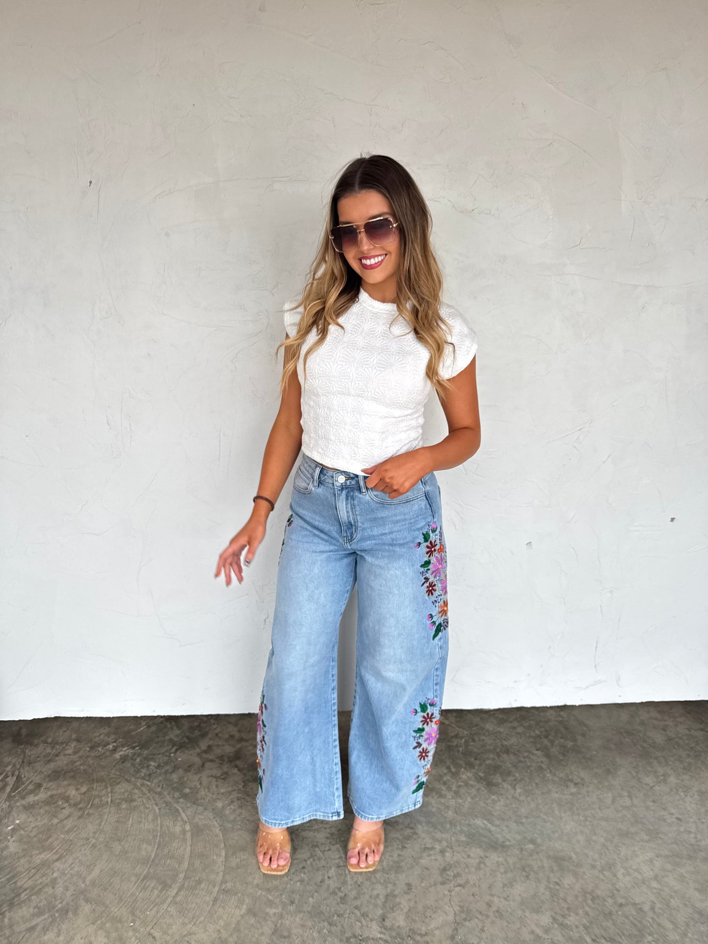 Floral Embroidered Wide Leg Jeans