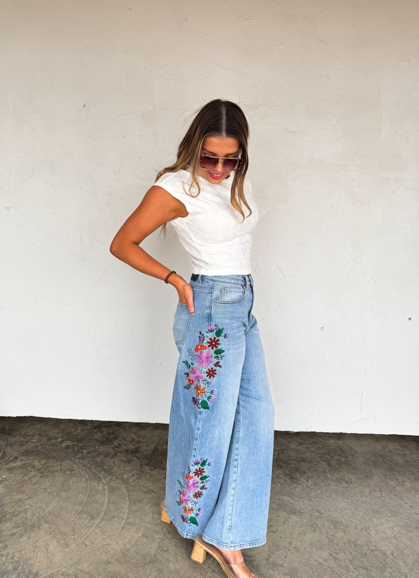 Floral Embroidered Wide Leg Jeans