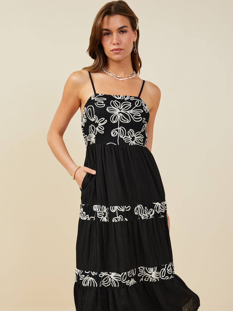 Embroidered Floral Contrast Panel Dress