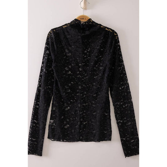High Neck Fitted Sheer Mesh Lace Knit Top