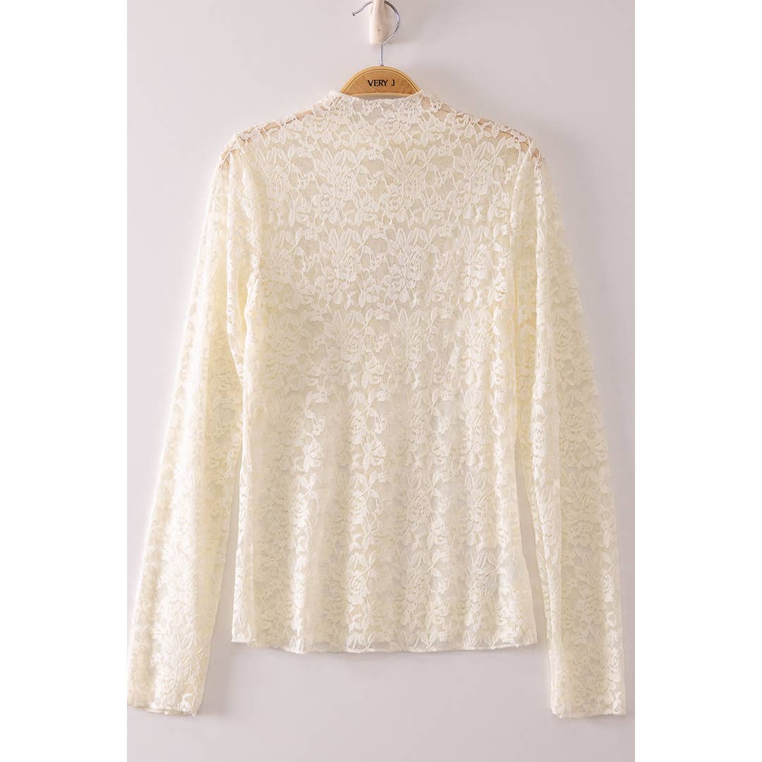 High Neck Fitted Sheer Mesh Lace Knit Top