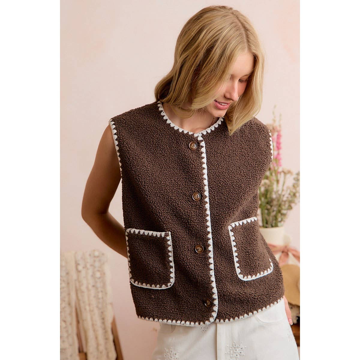 Brown Sherpa Contrast Vest