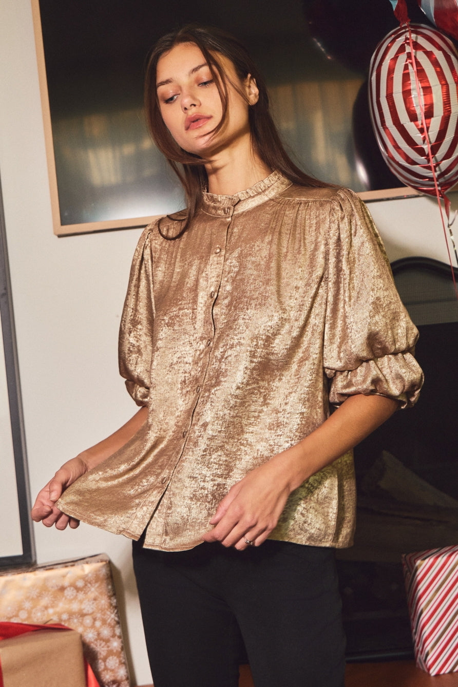 Shimmer Foiled Button Front Top