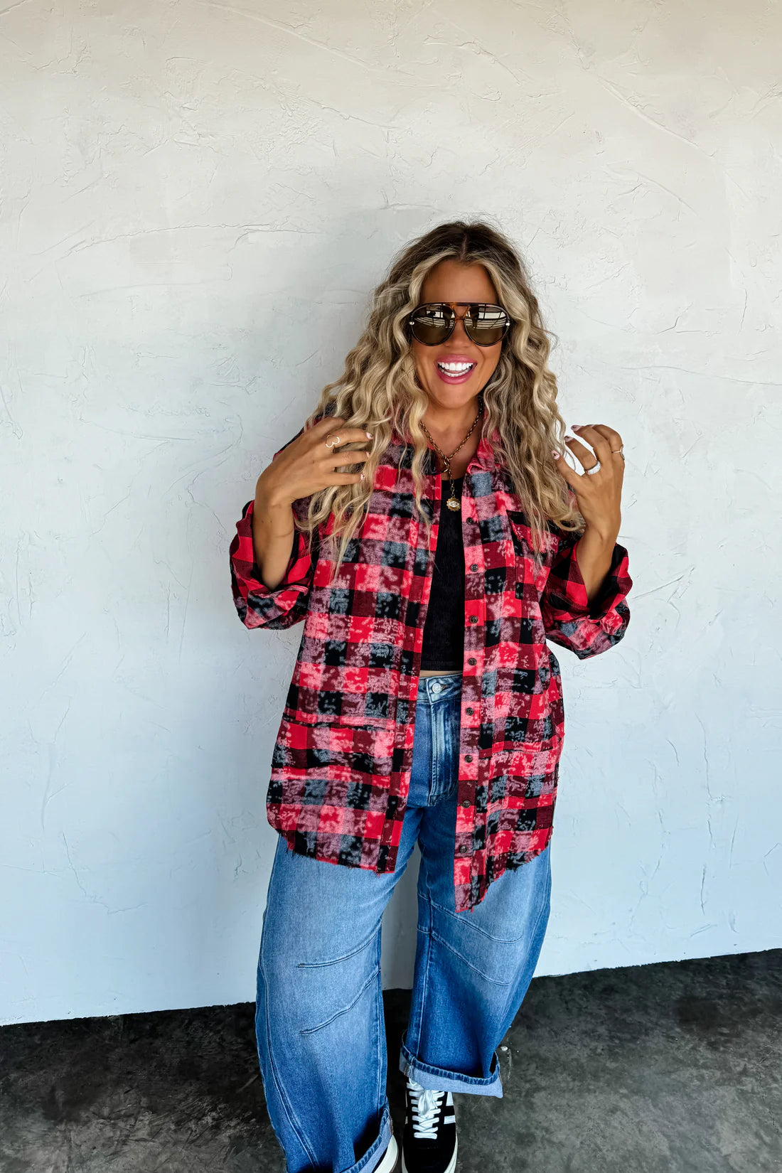 Bleached Red/Black Plaid Top