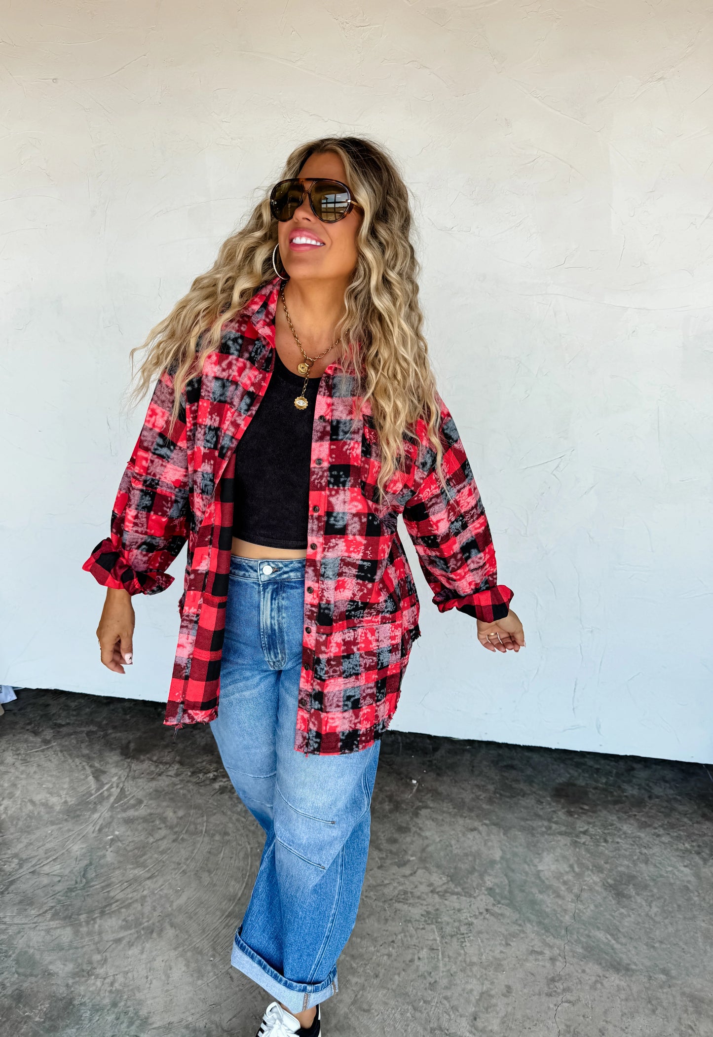 Bleached Red/Black Plaid Top