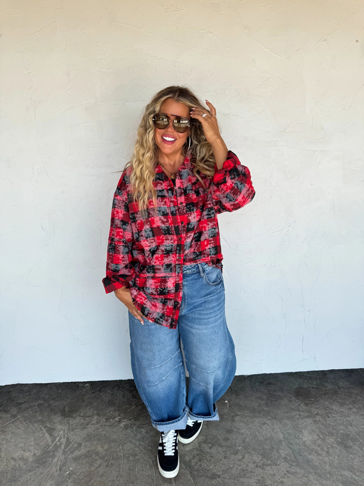 Bleached Red/Black Plaid Top