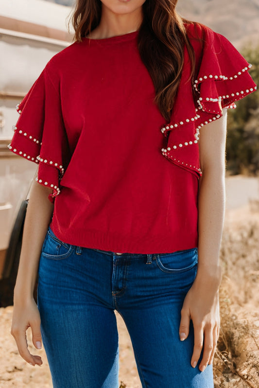Pearl Detail Double Ruffle Knit Top
