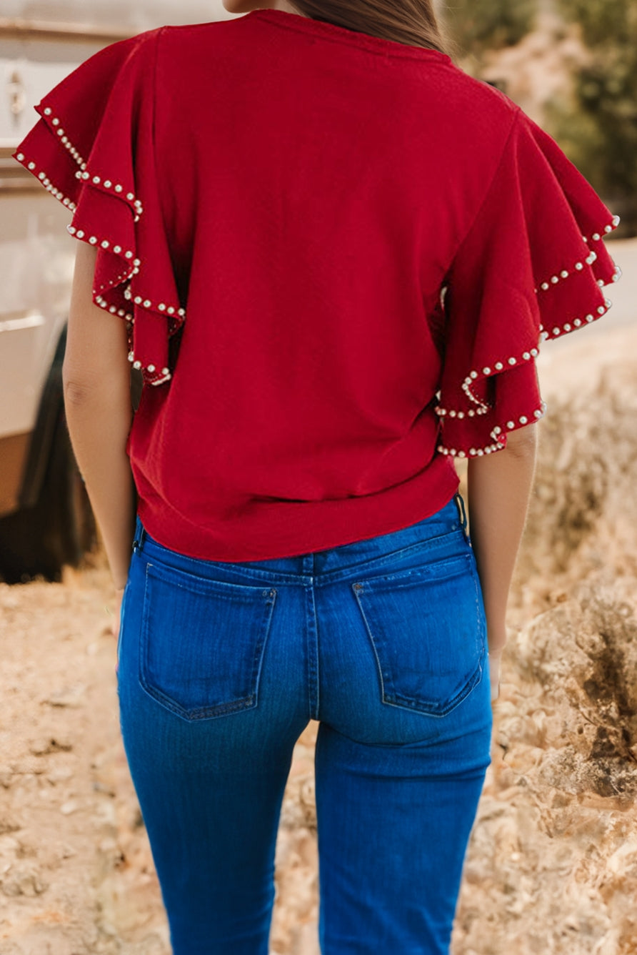 Pearl Detail Double Ruffle Knit Top