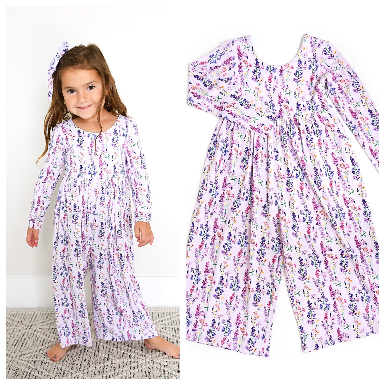 Purple Floral Bamboo Wide Leg Kids Romper