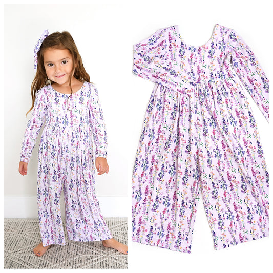 Purple Floral Bamboo Wide Leg Kids Romper