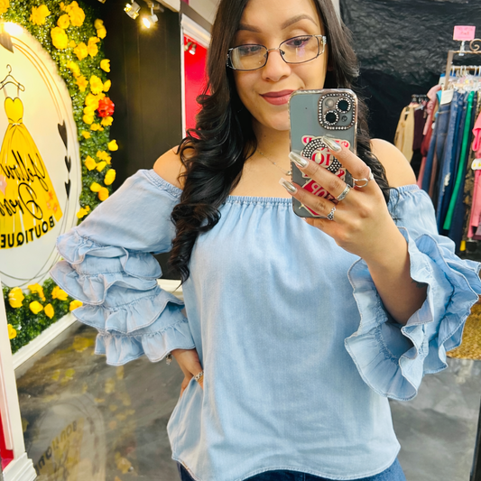 Off The Shoulder Ruffle Chambray Top
